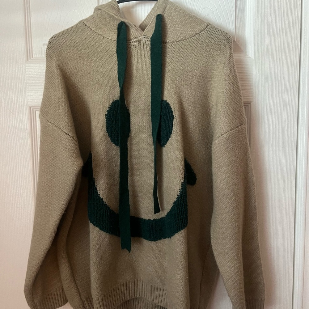 Tan Hoodie with Green Smiley Face